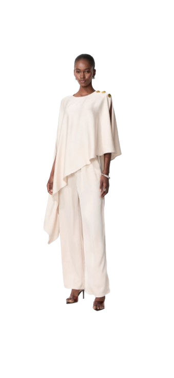 2piece beige elegant cape blouse and wide-leg trousers in different colors