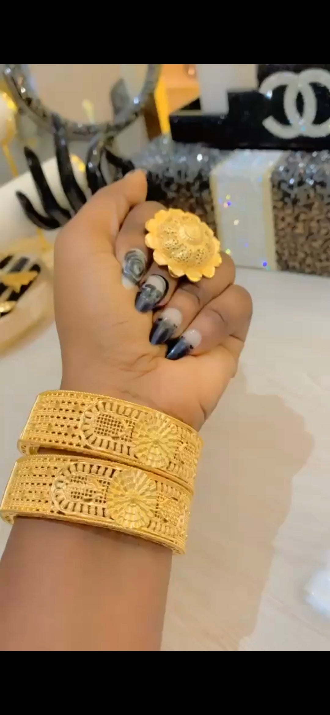 gold plated 2 bangle 1 finger ring set